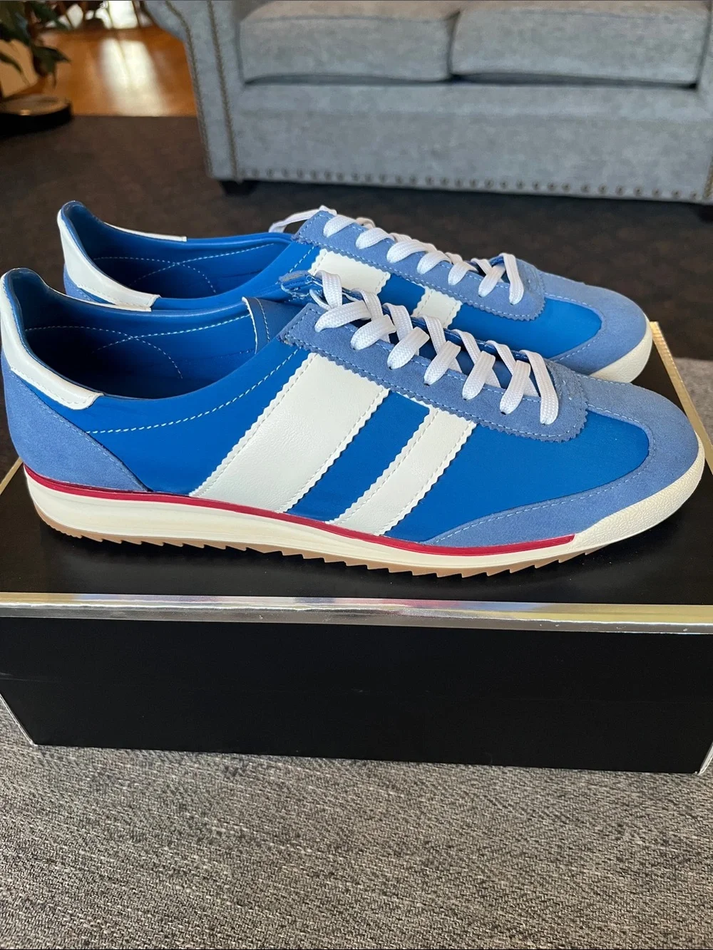 Madden Girl Blue and White Retro Jumper Sneakers with Red Trim
